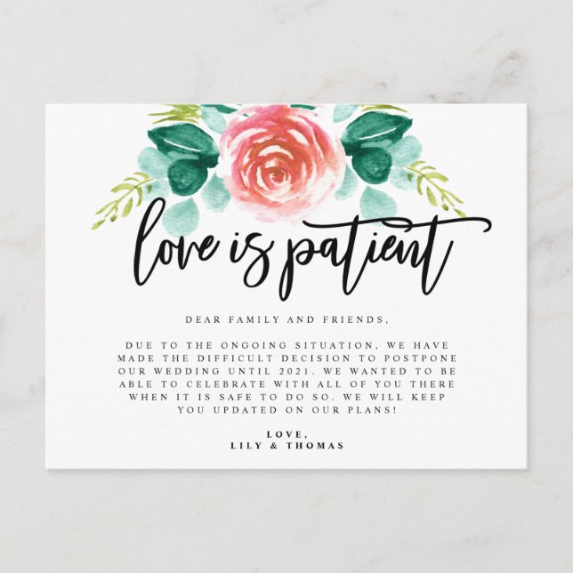 Carte Postale Faire-part L'amour est un report de mariage patient (Devant)