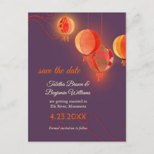 Carte Postale Faire-part Lampions en papier rouge Mariage violet Enregistre