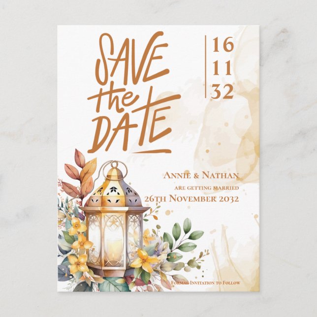 Carte Postale Faire-part Lanterne Jaune Mariage de automne Floral Enregistr (Devant)