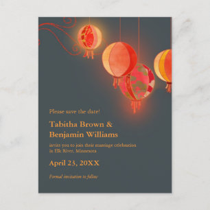 Carte Postale Faire-part Lanternes Rouges Mariage au Charbon de Bois Gris E