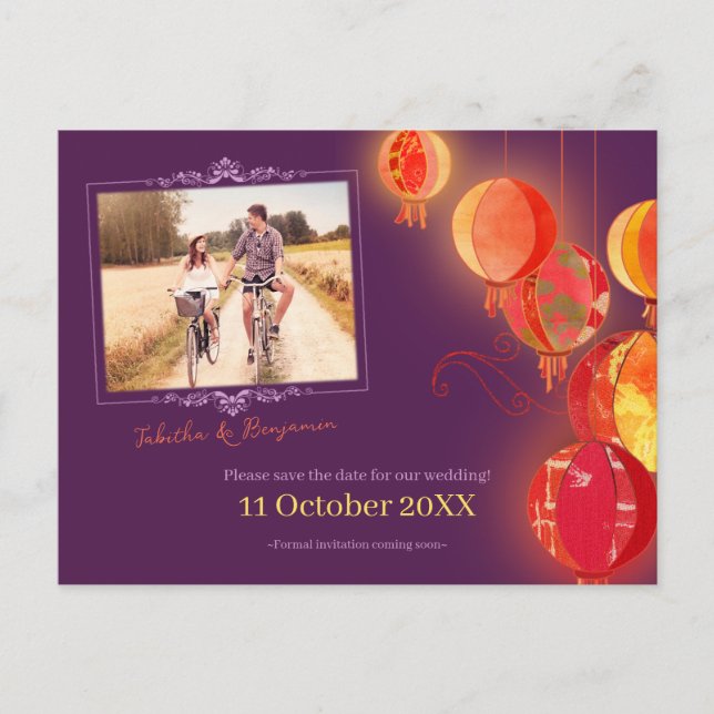 Carte Postale Faire-part Lanternes Rouges Mariage Violet Photo Enregistrer  (Devant)