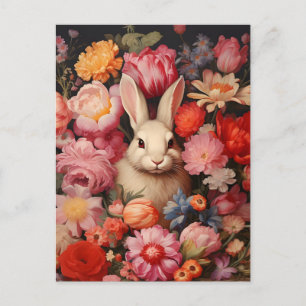 Carte Postale Faire-part Lapin de printemps fantaisiste vintage Fleurs épan