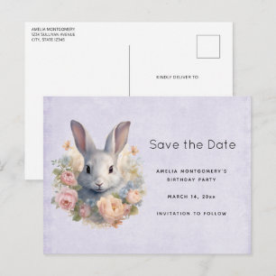Carte Postale Faire-part Lapin entouré de fleurs pastel mignon
