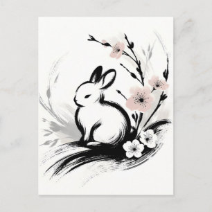 Carte Postale Faire-part Lapin Zen Minimaliste de Printemps Cerisier en Fle