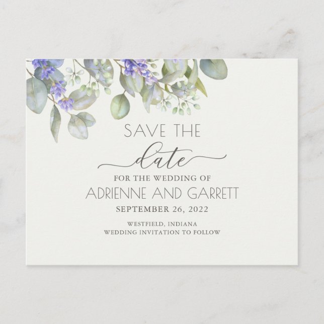 Carte Postale Faire-part Lavande Avec Eucalyptus Enregistrer La Date (Devant)