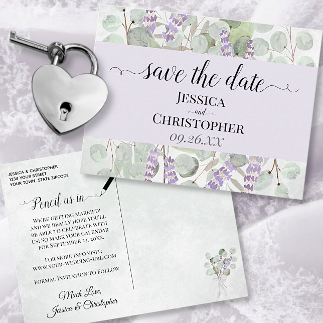 Carte Postale Faire-part Lavande et Eucalyptus Mariage violet Enregistrer l (Front and Back)