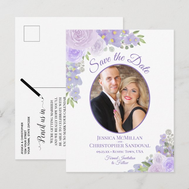 Carte Postale Faire-part Lavender Floral Oval Photo Wedding Enregistrer la  (Devant / Derrière)