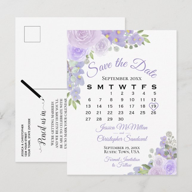 Carte Postale Faire-part Lavender Floral Wedding Enregistrer le calendrier  (Devant / Derrière)