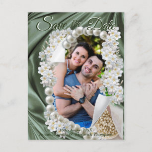 Carte Postale Faire-part Leaf Green Silk & Ivory Pearls Enregistrer la date