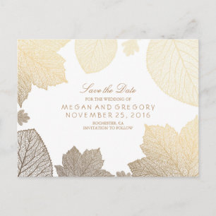 Carte Postale Faire-part les feuilles blancs et or tombent sauf la date