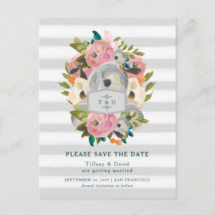 Carte Postale Faire-part Les fleurs d'aquarelle et les rayures grises font