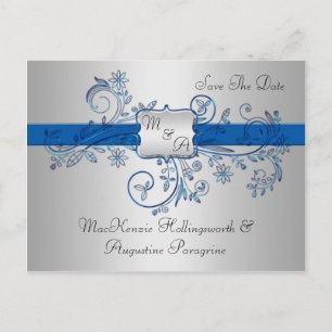Carte Postale Faire-part Les remous floraux de monogramme bleu et argenté