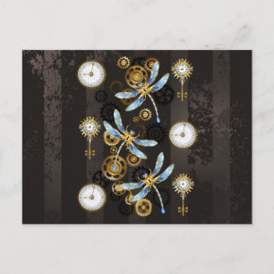 Carte Postale Faire-part Libellules Steampunk sur fond rayé marron