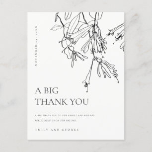 CARTE POSTALE FAIRE-PART LIGNE BLANCHE NOIRE DESSINANT MERCI MARIAGE FLORAL