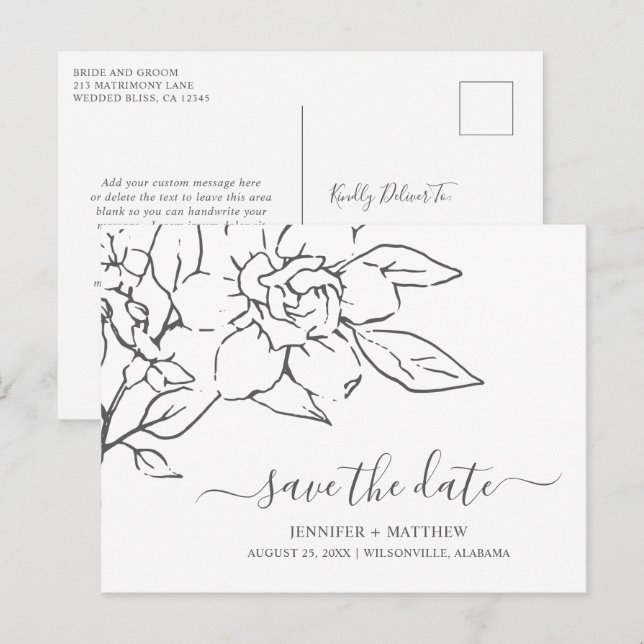 Carte Postale Faire-part Ligne neutre Fleurs Mariage Enregistrer la date (Devant / Derrière)