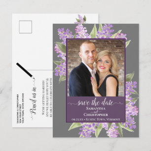 Carte Postale Faire-part Lilas aquarelle mariage photo gris enregistrer la