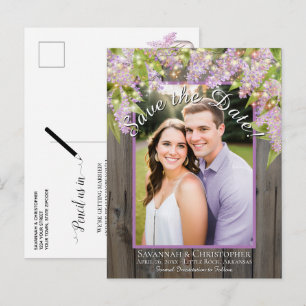 Carte Postale Faire-part Lilas rustiques sur bois Photo Enregistrez la date