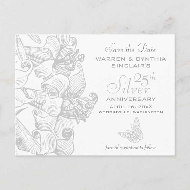 Carte Postale Faire-part Lilies Sauvez la date Argent 25e anniversaire (Devant)