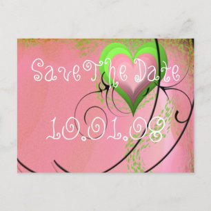 Carte Postale Faire-part Lime Vert Coeurs rose Mariage Enregistrer la date