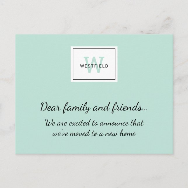 Carte Postale Faire-part Logo Monogramme Vert Menthe Nouvelle Maison Déména (Devant)