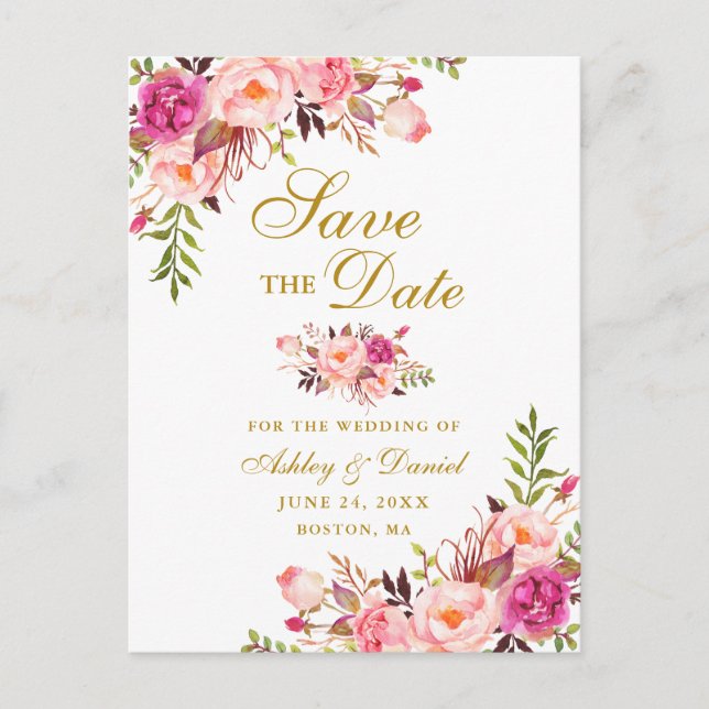 Carte Postale Faire-part L'or floral rose moderne et élégant sauvez la date (Devant)