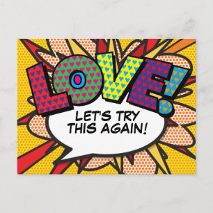 Carte Postale Faire-part LOVE reporté changement de date Comic Book Pop Art
