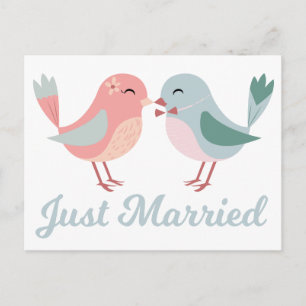 Carte Postale Faire-part Lovebirds Pink & Blue Just Married Mariage