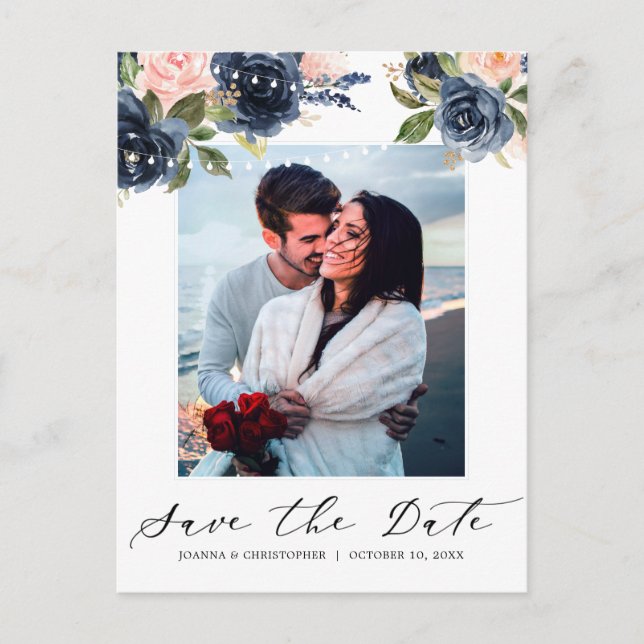 Carte Postale Faire-part Lumières à cordes Rose rose bleu marine Photo (Devant)