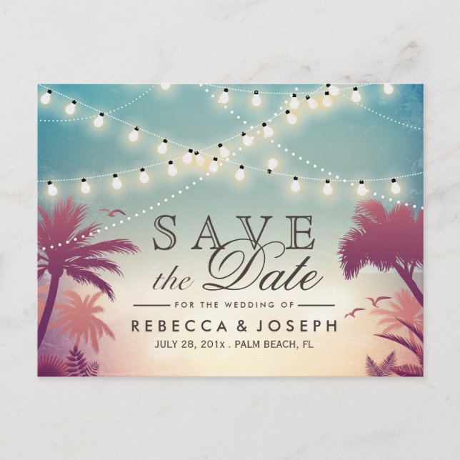 Carte Postale Faire-part Lumières de chaîne de Palm Beach Mariage Enregistr (Devant)