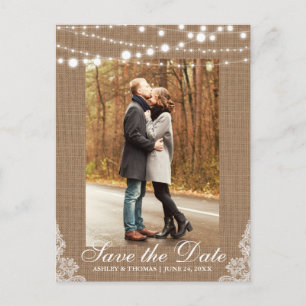 Carte Postale Faire-part Lumières de dentelle de Burlap rustique Enregistre