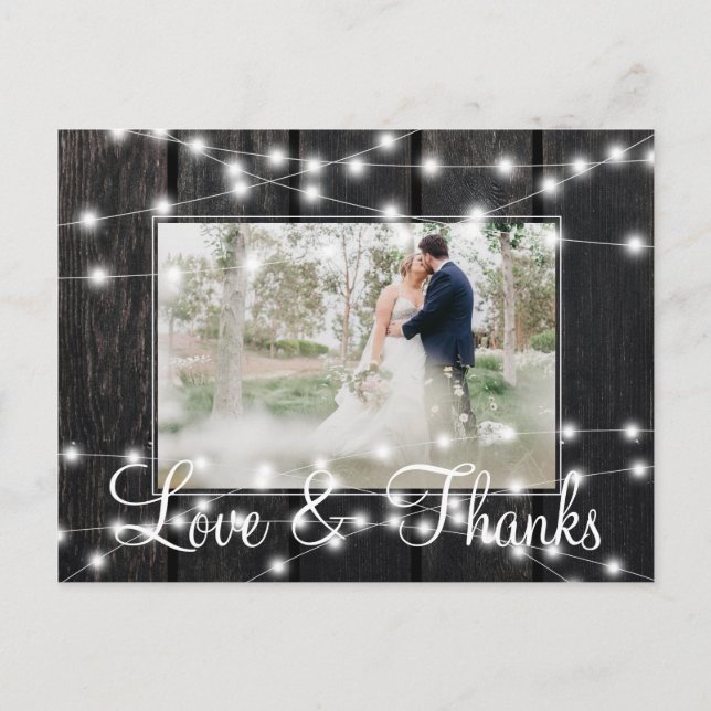 Carte Postale Faire-part Lumières d'hiver grange bois photo mariage merci (Devant)