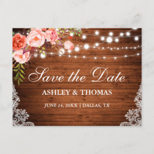 Carte Postale Faire-part Lumières en bois rustique Dentelle Coral Floral En