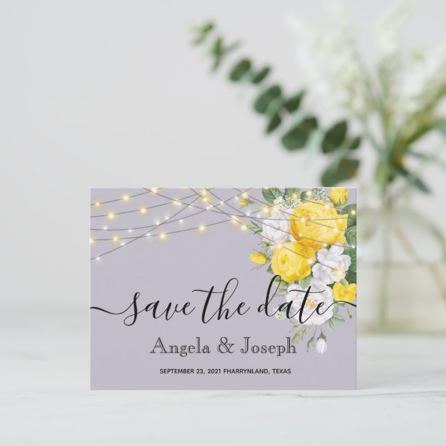 Carte Postale Faire-part lumières Floral Jaune Enregistrer la date (Debout devant)