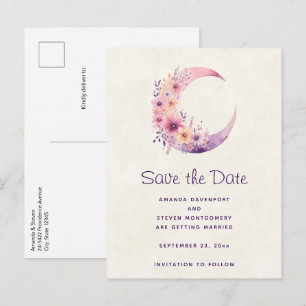 Carte Postale Faire-part Lune rose Croissant avec Jolie Fleurs Mariage
