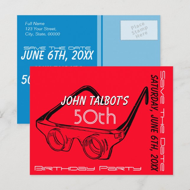 Carte Postale Faire-part Lunettes 3D 50e anniversaire Save the Date (Devant / Derrière)