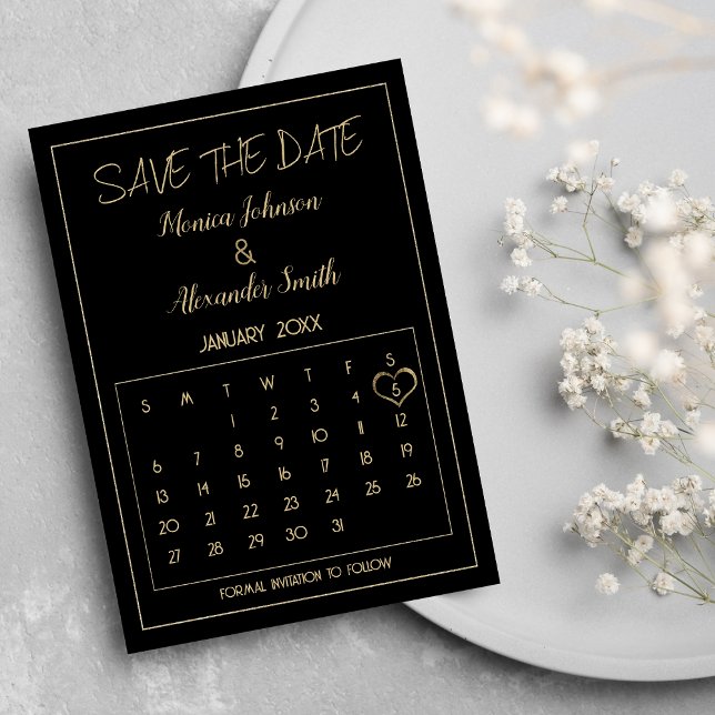 Carte Postale Faire-part Luxury Simple Black Gold Calendrier Enregistrer la (Luxury Simple Black Gold Calendar Save the Date )