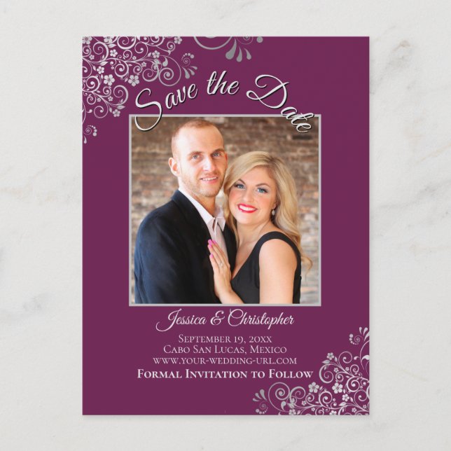 Carte Postale Faire-part Magenta Plum & Mariage Argent Enregistrer la date  (Devant)