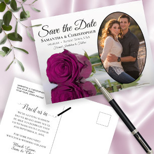 Carte Postale Faire-part Magenta Rose Oval Photo Wedding Enregistrer La Dat