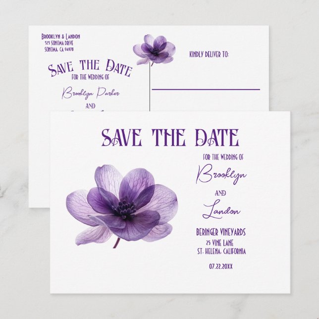 Carte Postale Faire-part Magnifique Fleur Violette Mariage Enregistrer La D (Devant / Derrière)