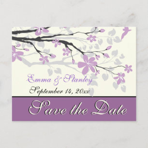 Carte Postale Faire-part Magnolia avec des fleurs violettes mariage Enregis
