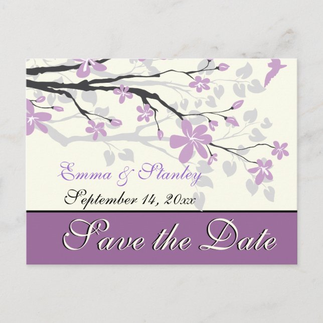 Carte Postale Faire-part Magnolia avec des fleurs violettes mariage Enregis (Devant)