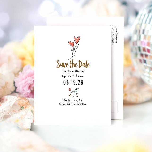 Carte Postale Faire-part Main Funky Whimsical Tirée Enregistrer La Date (Whimsical Cute Save the Date Postcard)
