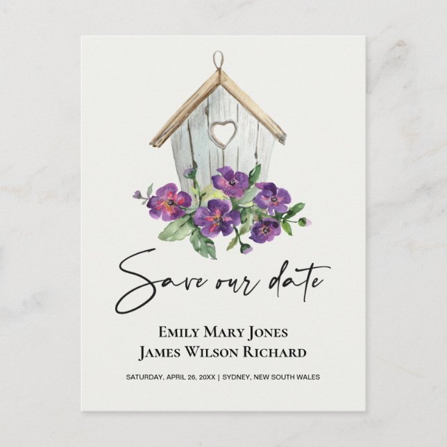 CARTE POSTALE FAIRE-PART MAISON D'OISEAU BLANC BOHO RUSTIQUE FLEUR SAVE THE (Devant)