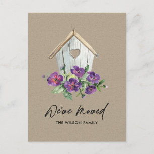 CARTE POSTALE FAIRE-PART MAISON D'OISEAUX FLEURIE KRAFT EN BOIS DÉPLACEMENT