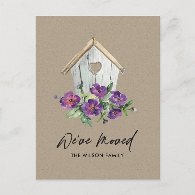 CARTE POSTALE FAIRE-PART MAISON D'OISEAUX FLEURIE KRAFT EN BOIS DÉPLACEMENT (Devant)