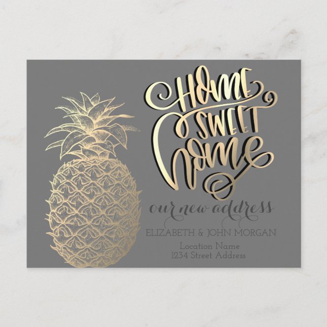 Carte Postale Faire-part Maison Douce Maison, Ananas Doré Tropical Gris (Devant)