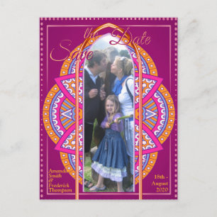 Carte Postale Faire-part Mandalas en rose cerise, bleu et orange