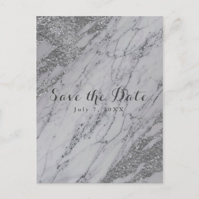 Carte Postale Faire-part Marbre moderne tendance Glam argent la date (Devant)