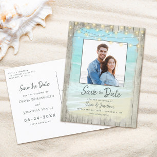 Carte Postale Faire-part Mariage à la Plage en Bois Rustique, Enregistrer l