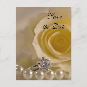 Carte Postale Faire-part Mariage à la rose blanche et aux perles Sauvez la 